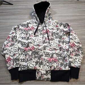 FOX RACING Mens XL Sasquatch Faux Fur Lined Jacket Full Zip Hoodie AOP White Y2K